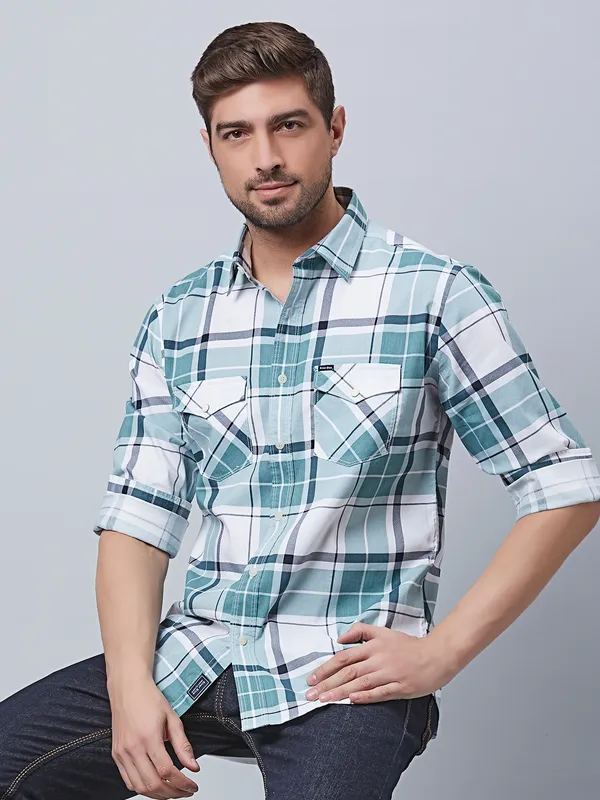 River Blue white and green checks shirt