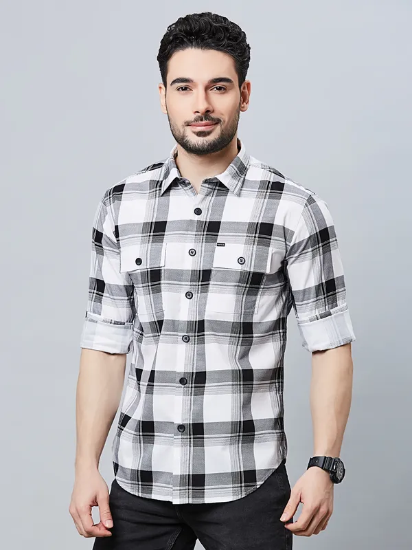 RIVER BLUE white checks cotton casual shirt
