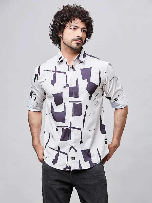 RIVER BLUE white cotton printed shirt for men
