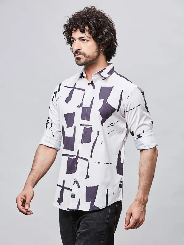 RIVER BLUE white cotton printed shirt for men