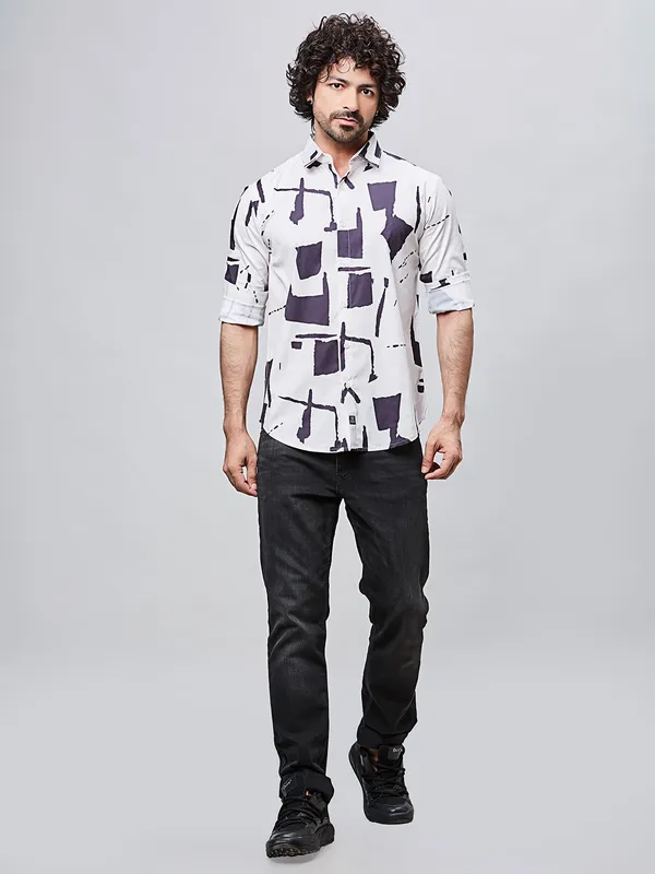 RIVER BLUE white cotton printed shirt for men