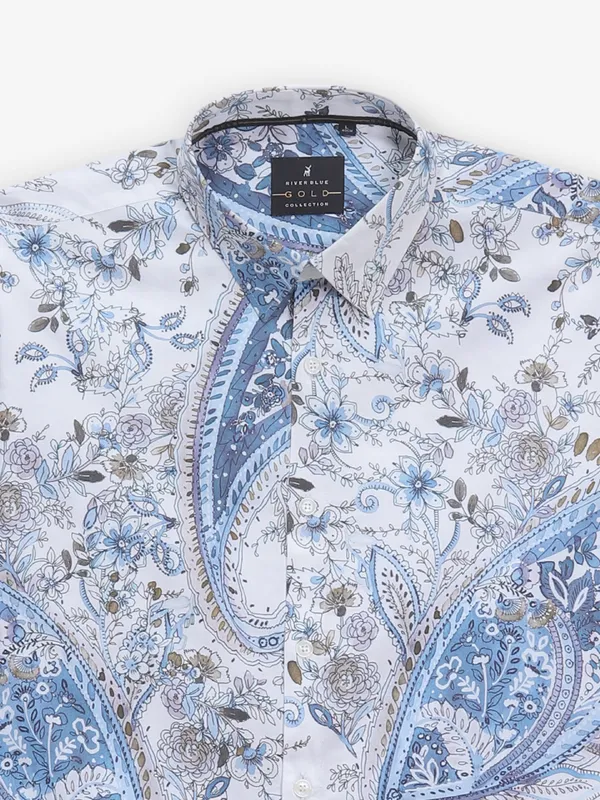 RIVER BLUE white cotton silk shirt with print