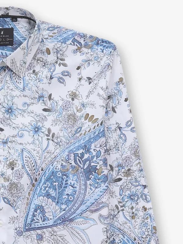 RIVER BLUE white cotton silk shirt with print
