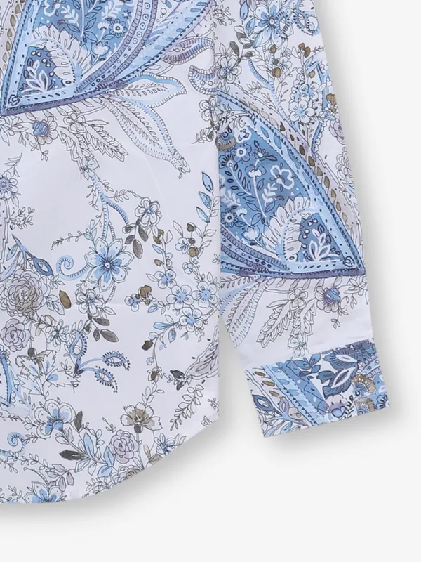 RIVER BLUE white cotton silk shirt with print