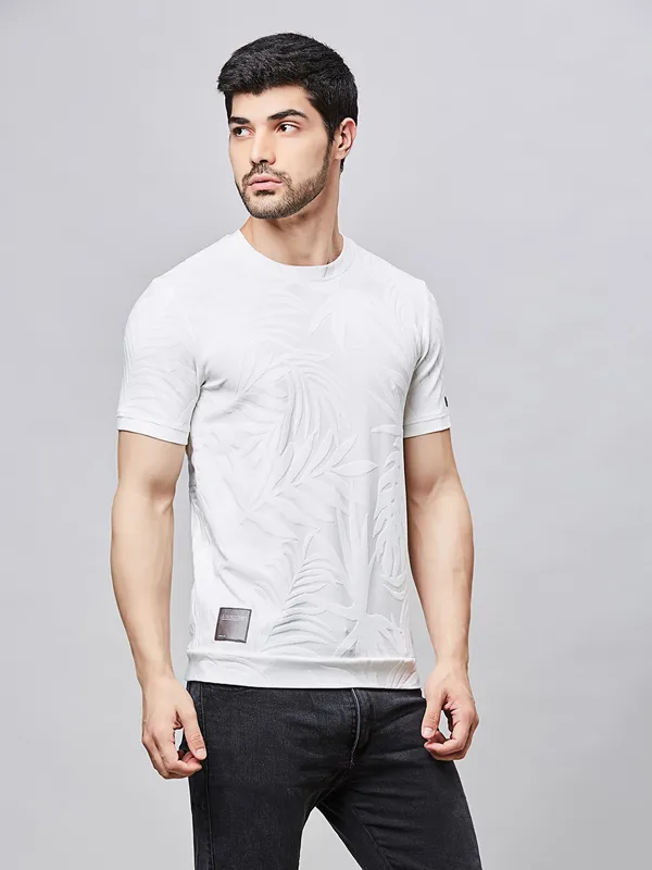 RIVER BLUE white printed cotton slim fit t-shirt