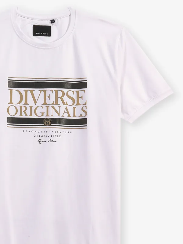 RIVER BLUE white slim fit printed t-shirt