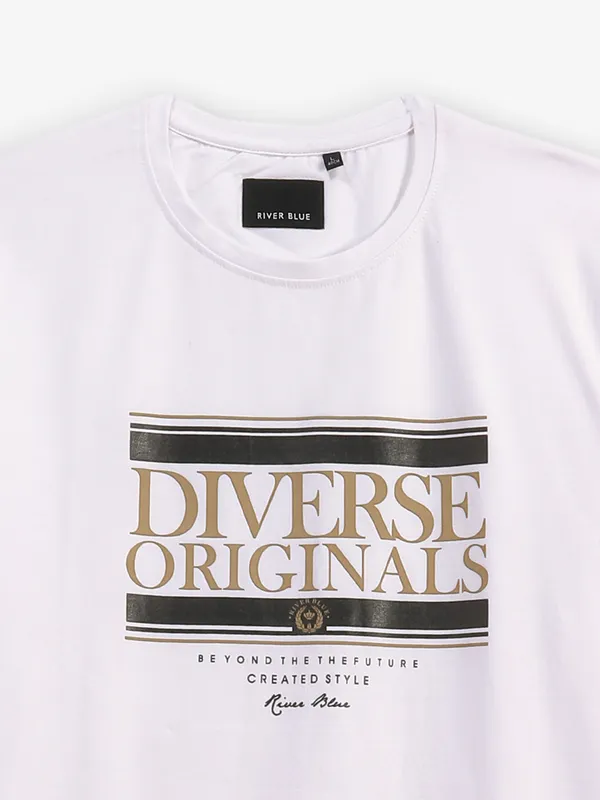 RIVER BLUE white slim fit printed t-shirt