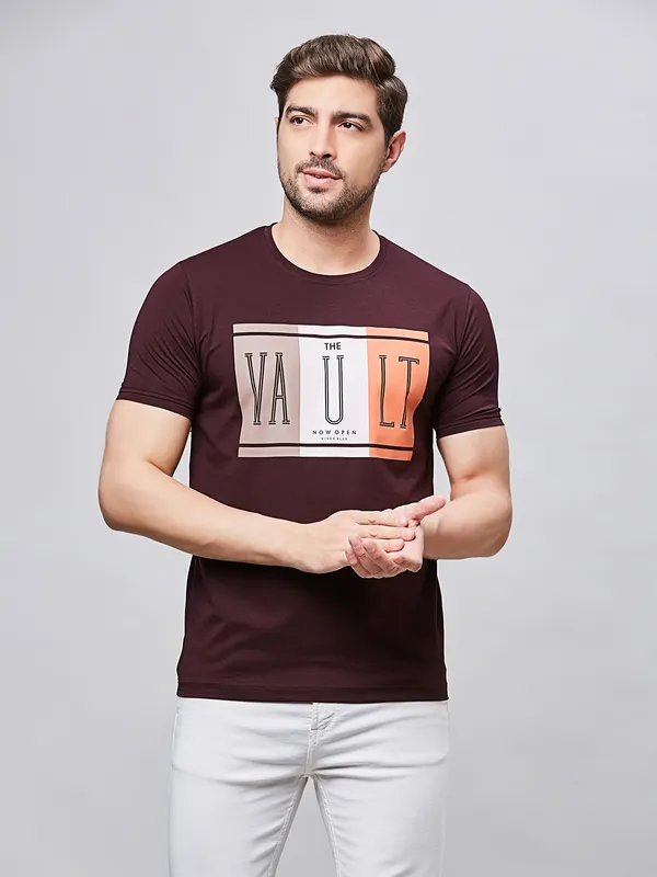 RIVER BLUE wine printed cotton slim fit t-shirt