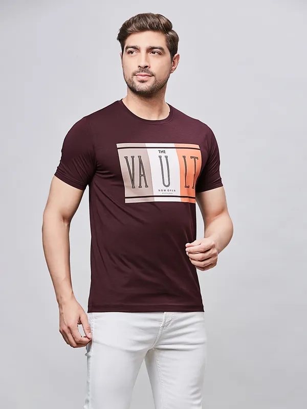 RIVER BLUE wine printed cotton slim fit t-shirt