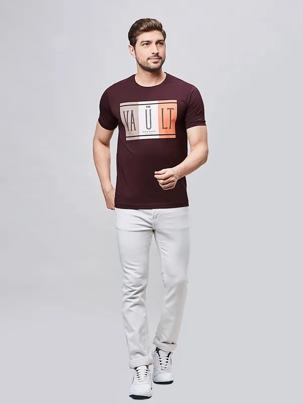 RIVER BLUE wine printed cotton slim fit t-shirt