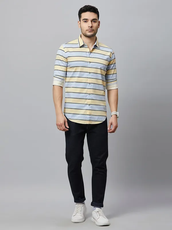 River Blue yellow cotton stripe shirt