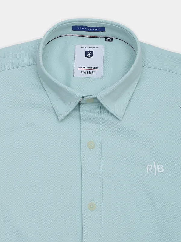 River blue solid pista green casual shirt for men