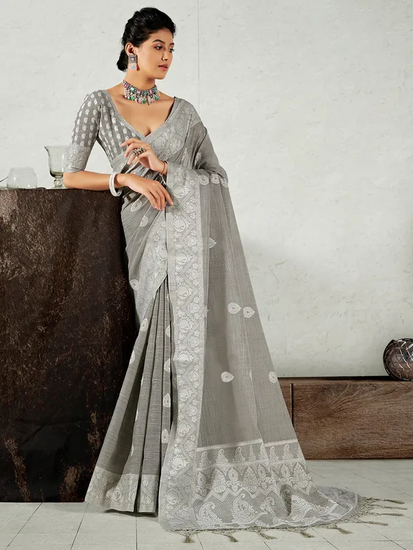 Rock grey pleasant festive occasions linen saree