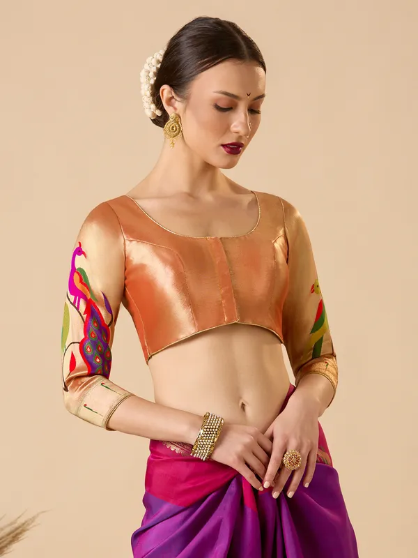 Rose gold printed paithani silk ready made blouse