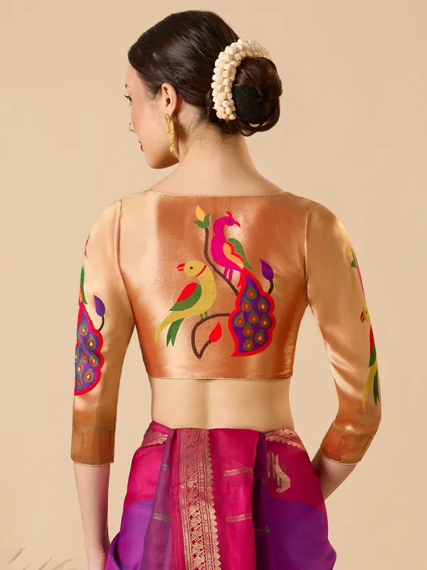 Rose gold printed paithani silk ready made blouse