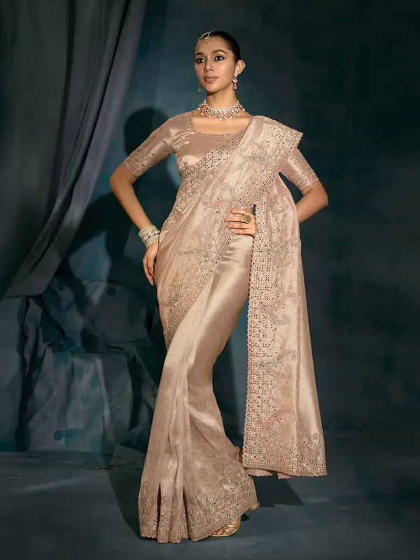 Rose gold silk festive wear saree with mirror worm