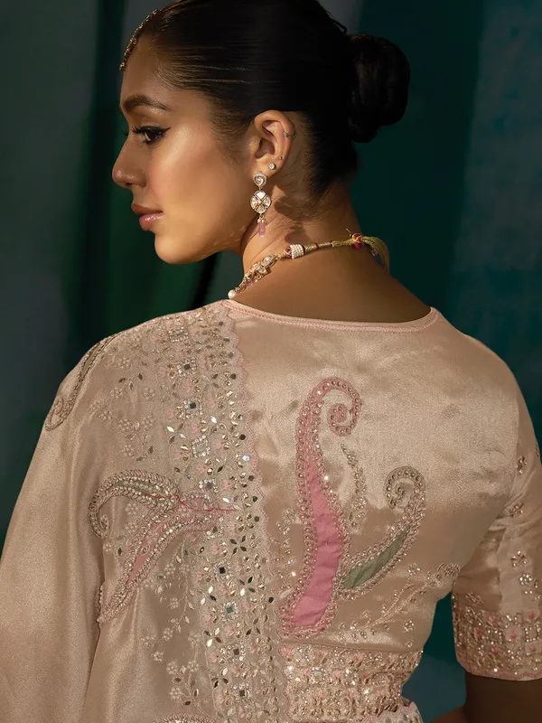 Rose gold silk festive wear saree with mirror worm