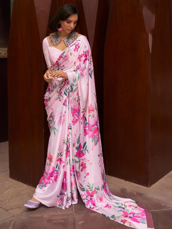 Rose pink printed crepe silk saree for festive