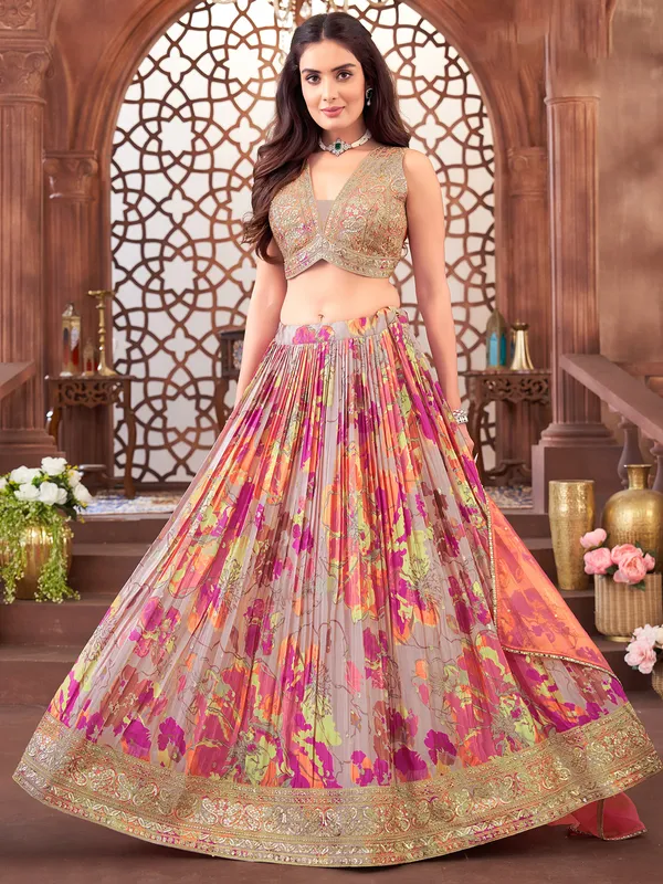 Rosy brown silk printed lehenga choli for wedding
