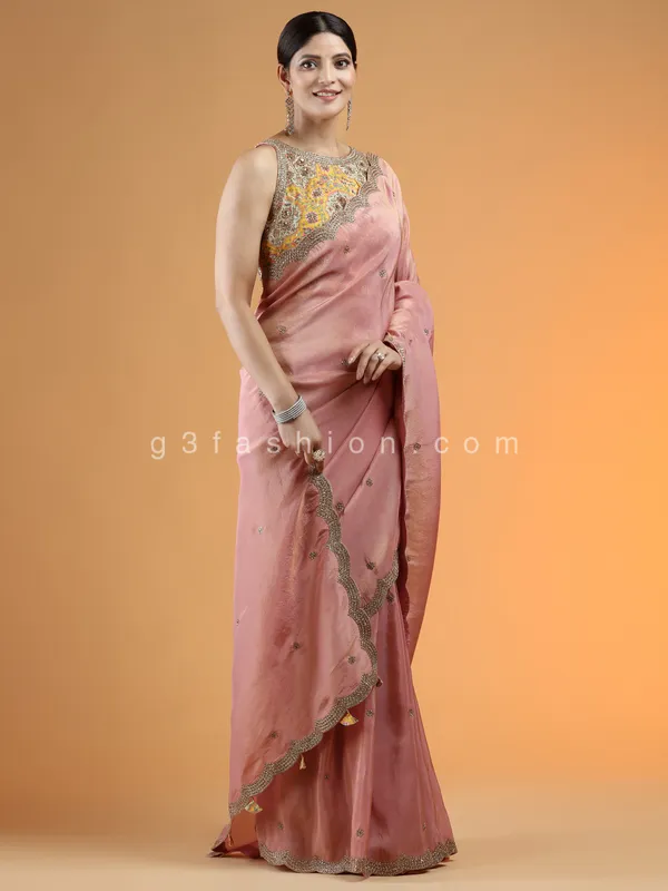 Rouge pink extraordinary wedding saree in tissue silk