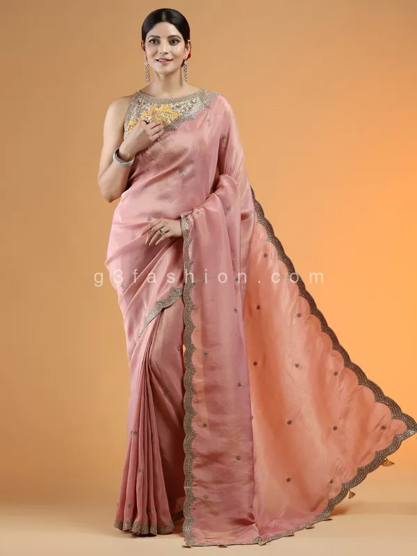 Rouge pink extraordinary wedding saree in tissue silk