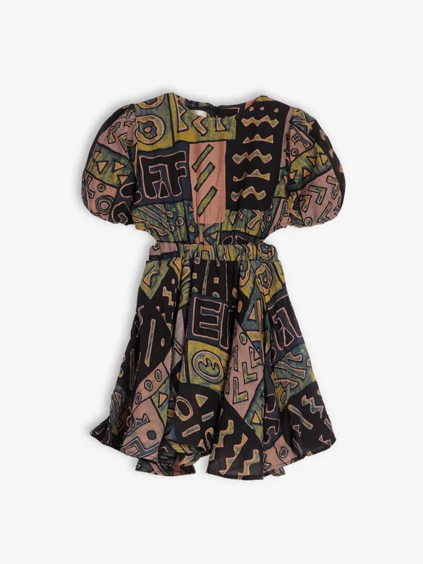 Roxy olive and black cotton printed frock