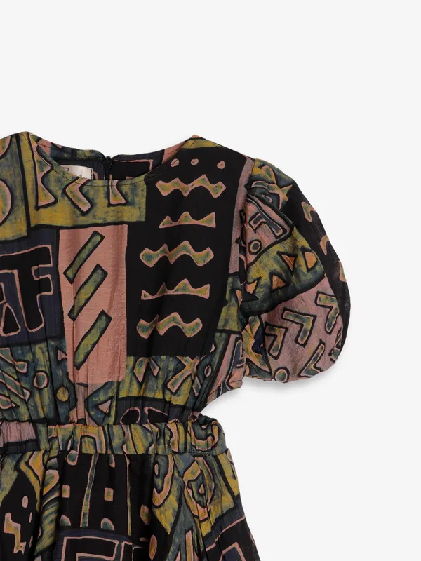 Roxy olive and black cotton printed frock