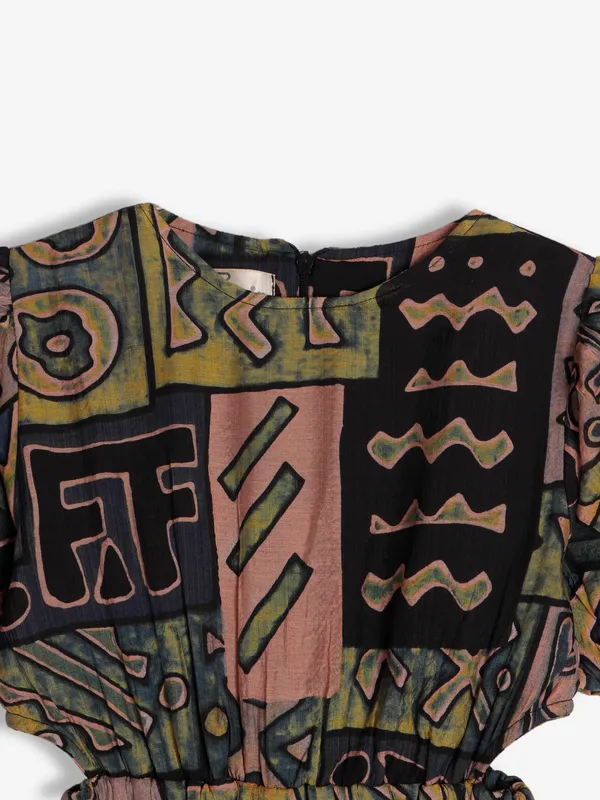 Roxy olive and black cotton printed frock