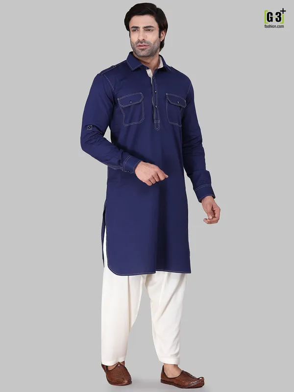 Royal blue cotton rayon pathani suit