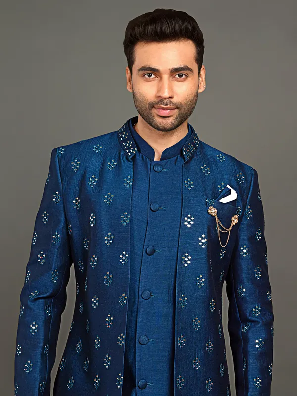 Royal blue hued cotton silk indowestern for men