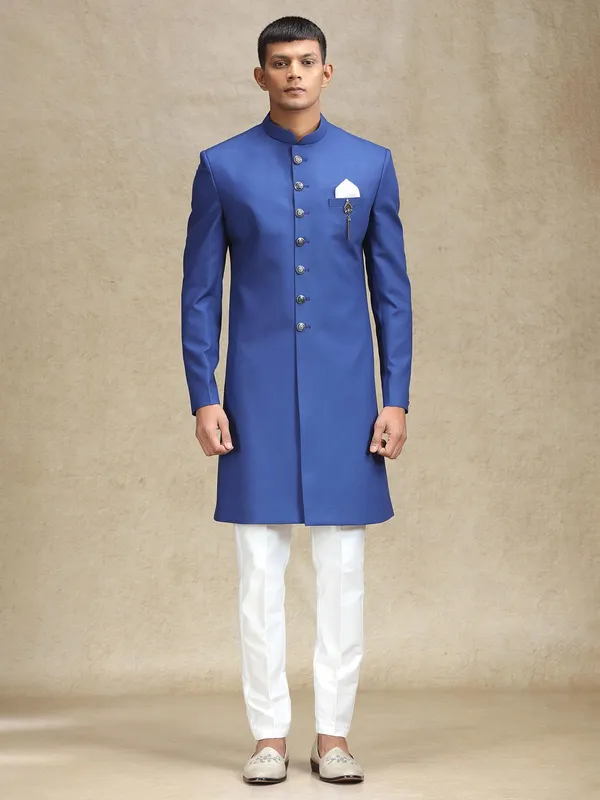 Royal blue indo western in terry rayon for men