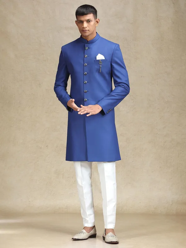 Royal blue indo western in terry rayon for men