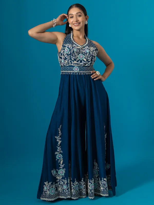 Royal blue jump suit style organza salwar suit