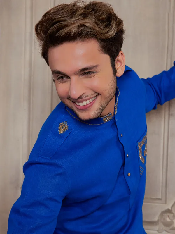 Royal blue linen festive pathani suit