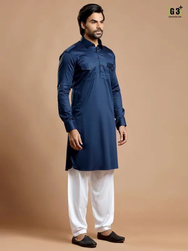 Royal blue men festive occasions cotton silk pathani suit