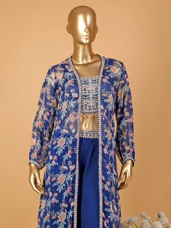 Royal blue palazzo suit with floral print shrug