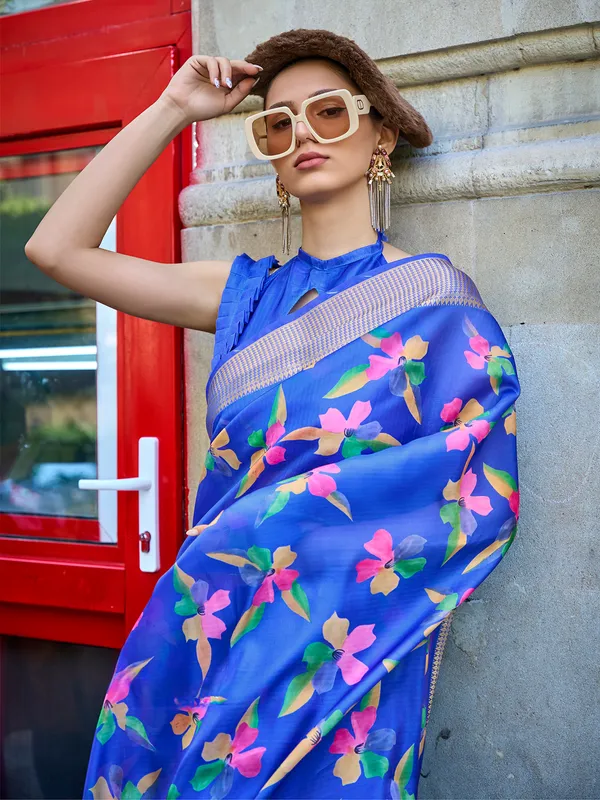 Royal blue printed saree in satin organza
