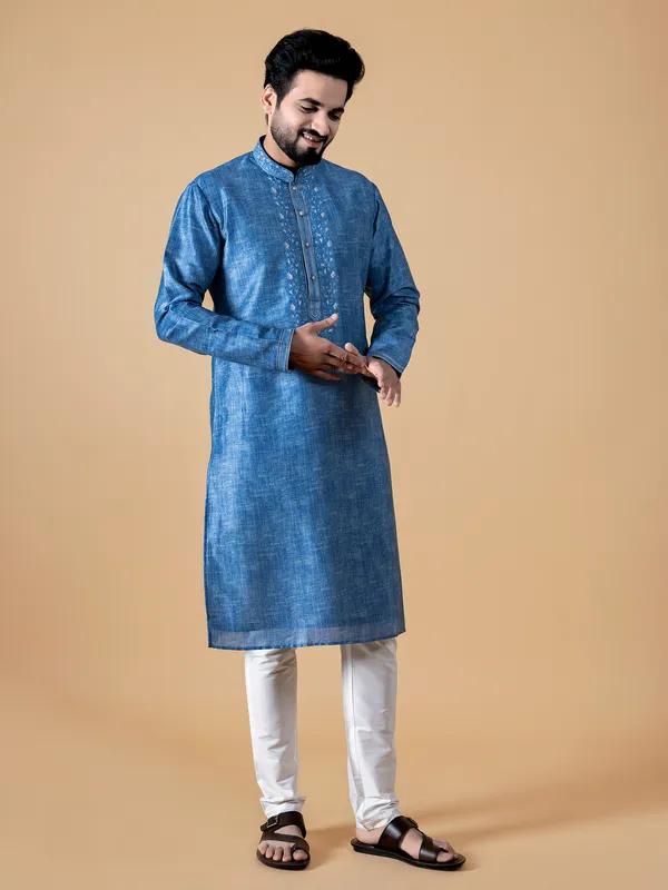 Royal blue silk embroidery kurta suit