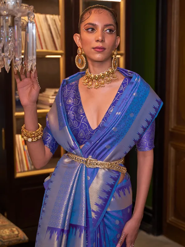 Royal blue silk zari weaving saree