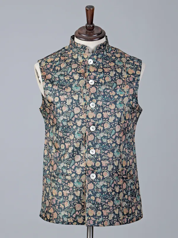 Royal dark blue brocade printed waistcoat