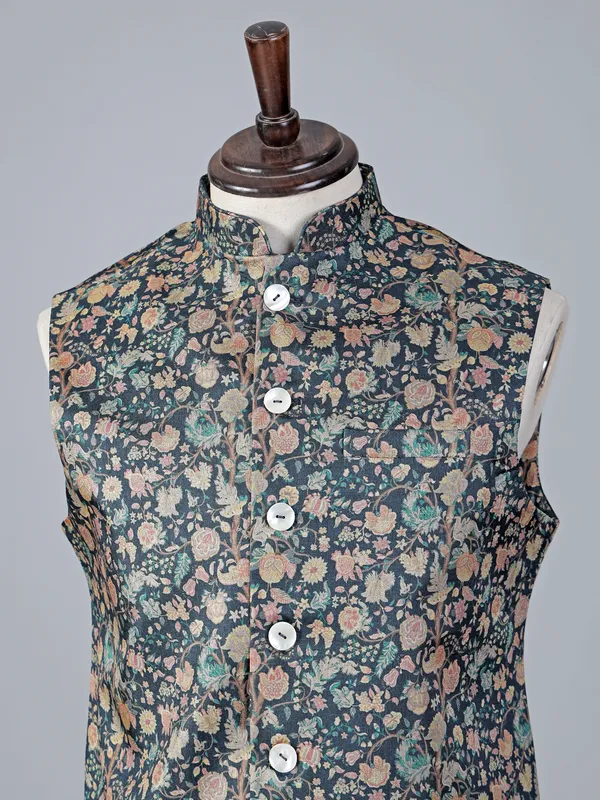 Royal dark blue brocade printed waistcoat