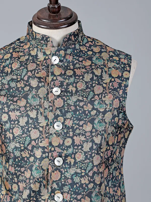 Royal dark blue brocade printed waistcoat