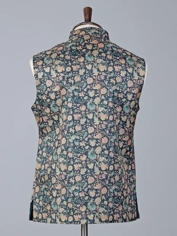 Royal dark blue brocade printed waistcoat