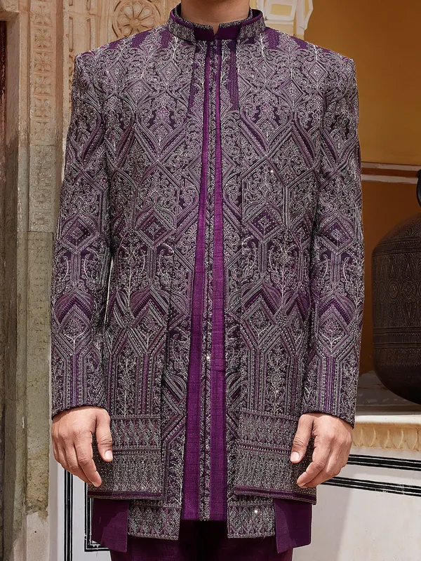 Royal dark purple raw silk indo western for men