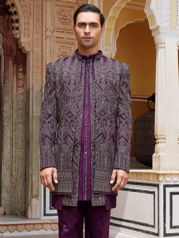Royal dark purple raw silk indo western for men