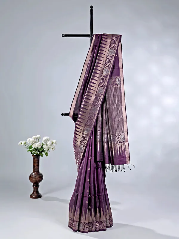 Royal dark purple silk saree with classic zari weave