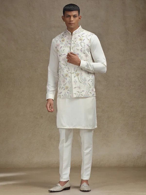 Cream waistcoat set with intricate embroidery
