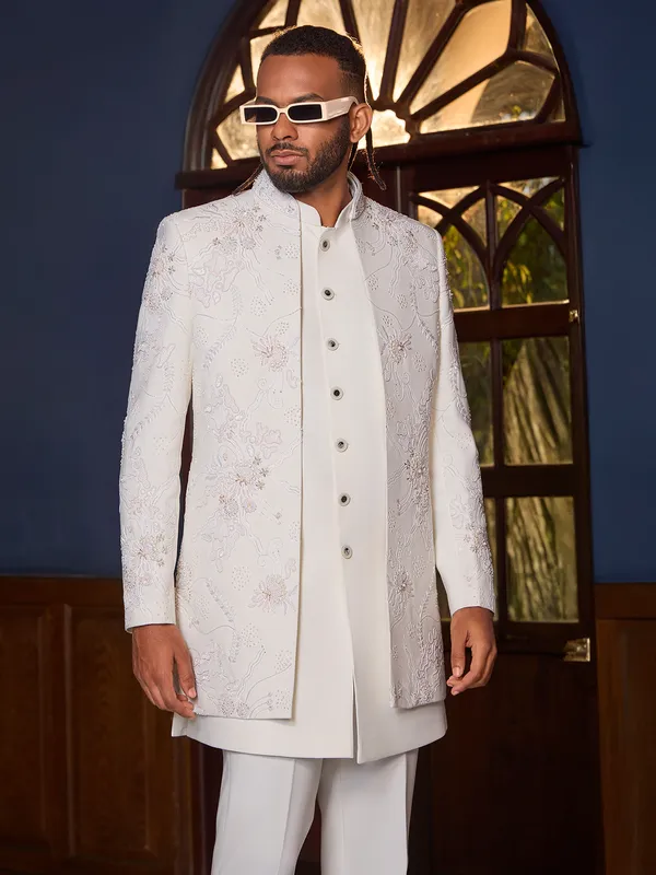 Royal white art silk indo western ensemble for men wedding wear