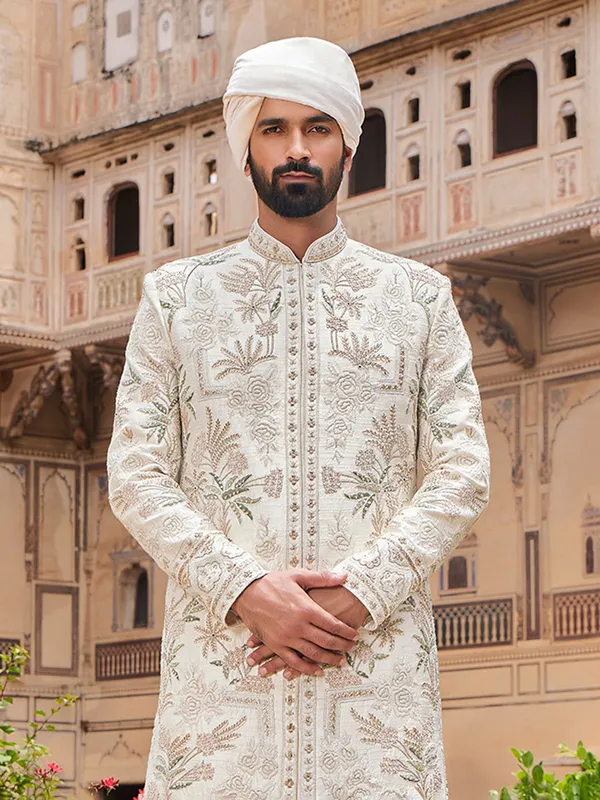 Royal white raw silk sherwani