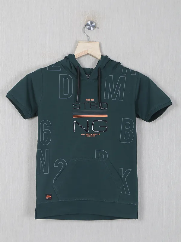 Ruff bottle green cotton printed t-shirt with hood